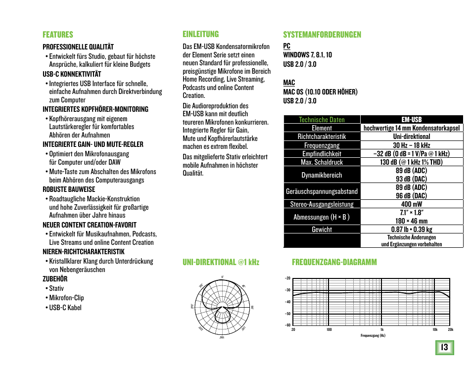 13 einleitung, Features | MACKIE EM-USB EleMent Series USB Condenser Microphone User Manual | Page 13 / 16