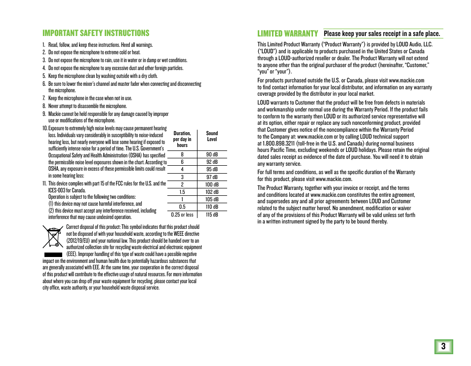 3important safety instructions, Limited warranty | MACKIE EM-USB EleMent Series USB Condenser Microphone User Manual | Page 3 / 16