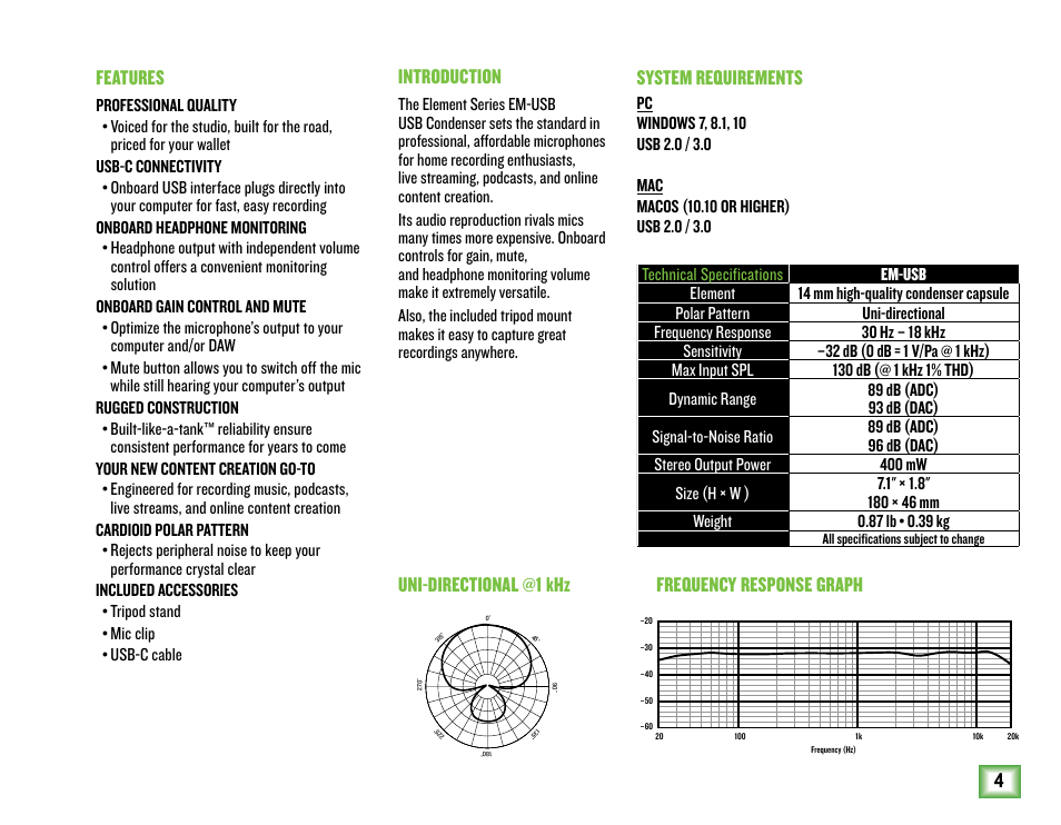 4introduction, Features | MACKIE EM-USB EleMent Series USB Condenser Microphone User Manual | Page 4 / 16