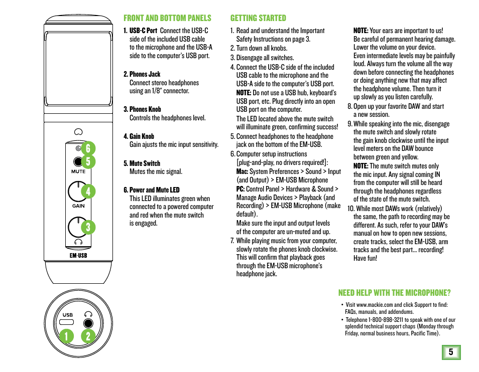 MACKIE EM-USB EleMent Series USB Condenser Microphone User Manual | Page 5 / 16