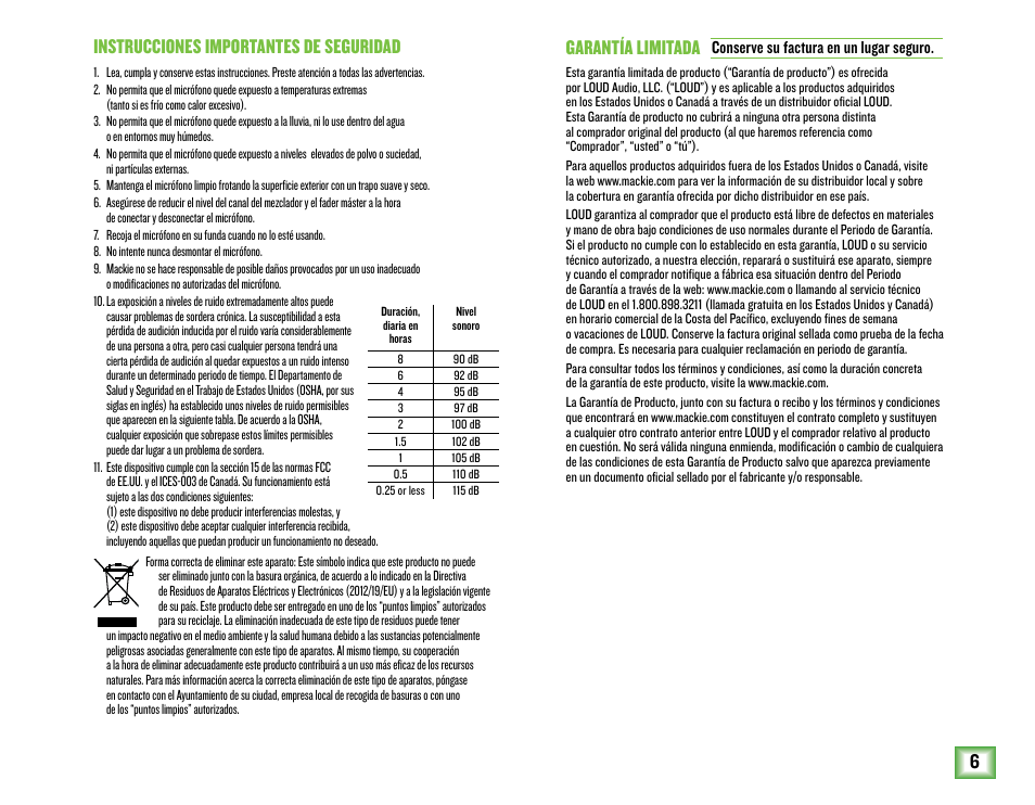 6instrucciones importantes de seguridad, Garantía limitada | MACKIE EM-USB EleMent Series USB Condenser Microphone User Manual | Page 6 / 16