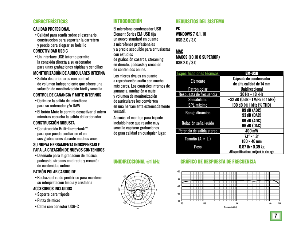 7introducción, Características | MACKIE EM-USB EleMent Series USB Condenser Microphone User Manual | Page 7 / 16