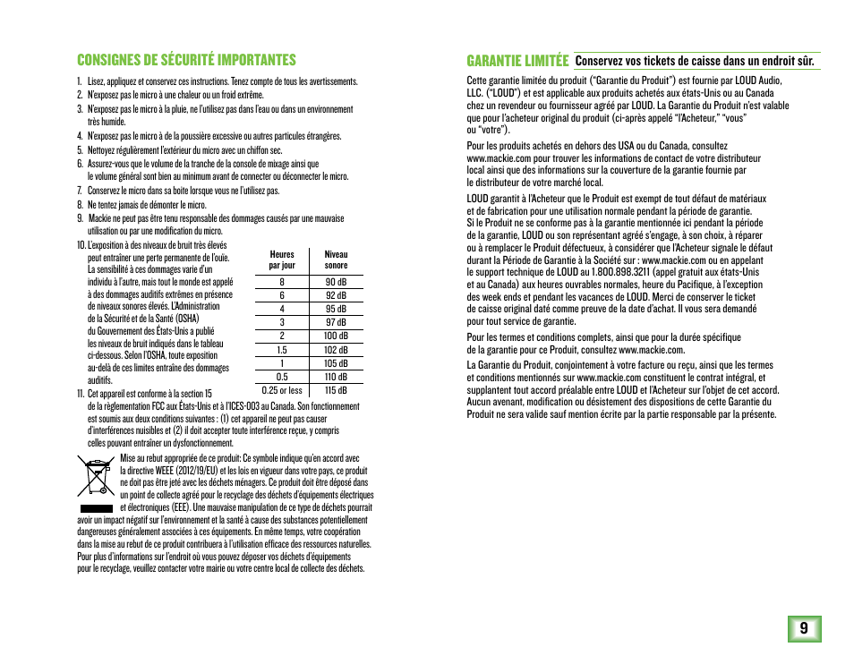 9consignes de sécurité importantes, Garantie limitée | MACKIE EM-USB EleMent Series USB Condenser Microphone User Manual | Page 9 / 16