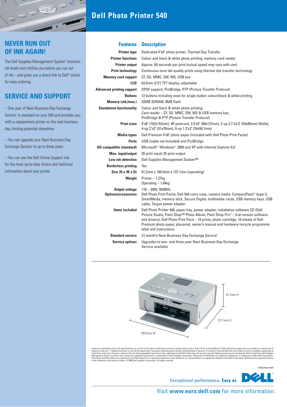 Dell photo printer 540, Never run out of ink again, Service and support | Features description, Exceptional performance. easy as | Dell 540 User Manual | Page 2 / 2