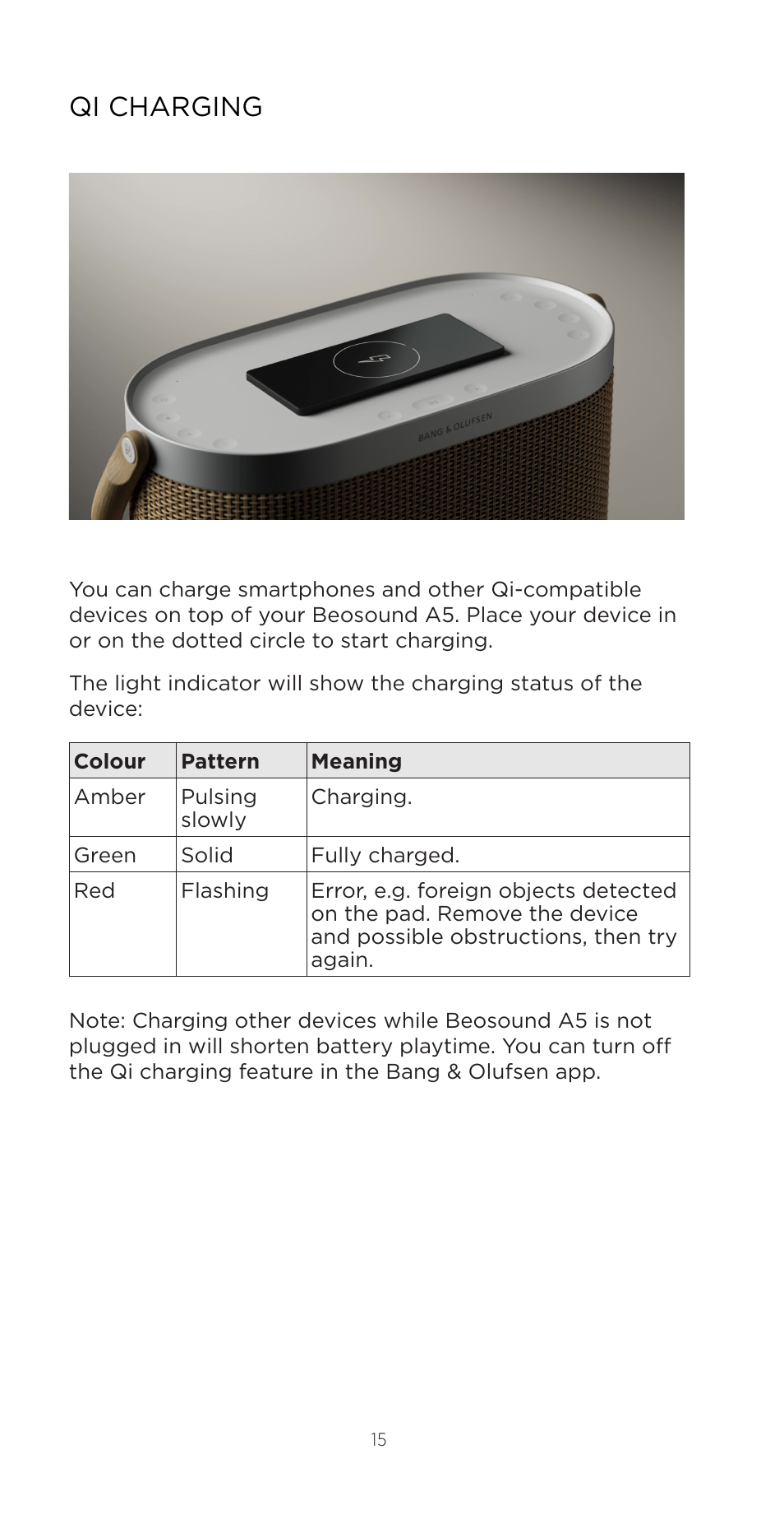 Qi charging | Bang & Olufsen Beosound A5 Portable Wireless Speaker (Nordic Weave) User Manual | Page 15 / 213