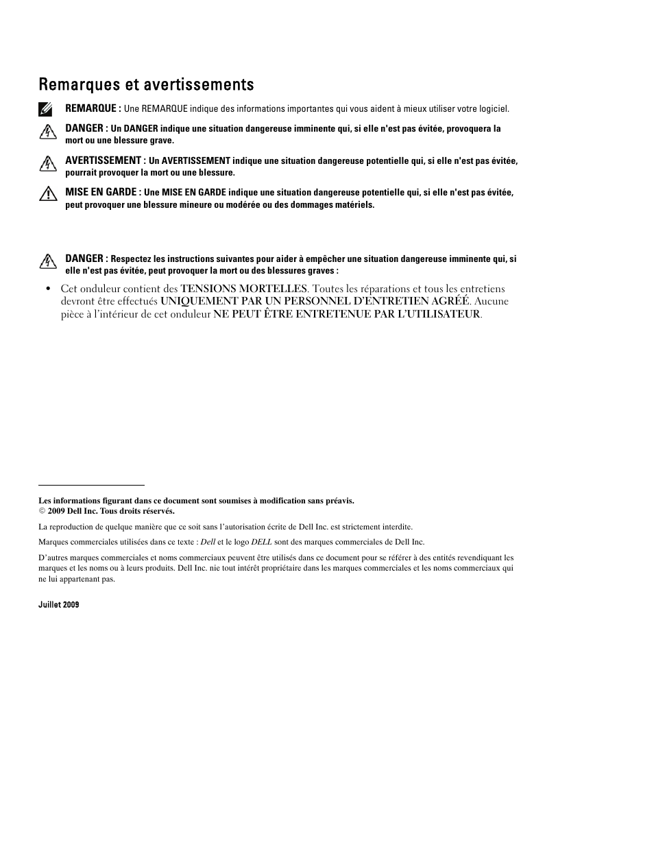 Remarques et avertissements | Dell J730N User Manual | Page 26 / 202