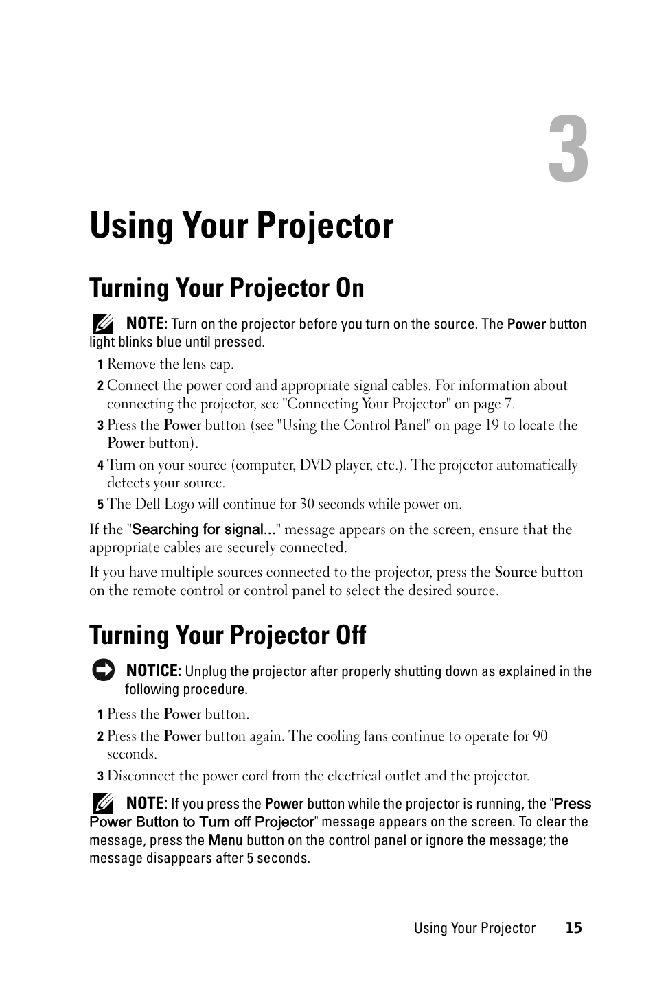 Using your projector, Turning your projector on, Turning your projector off | Dell 1209S User Manual | Page 15 / 49