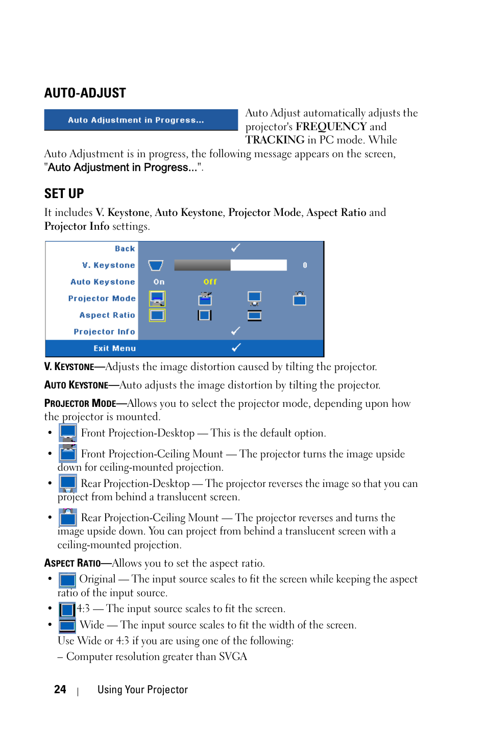 Auto-adjust, Set up | Dell 1209S User Manual | Page 24 / 49