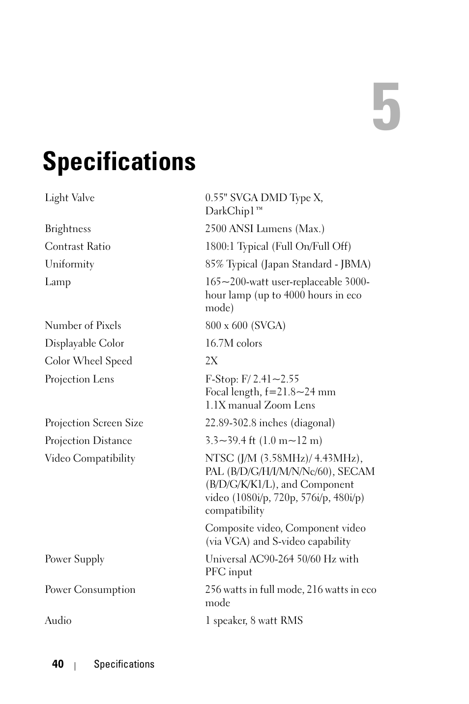 Specifications | Dell 1209S User Manual | Page 40 / 49