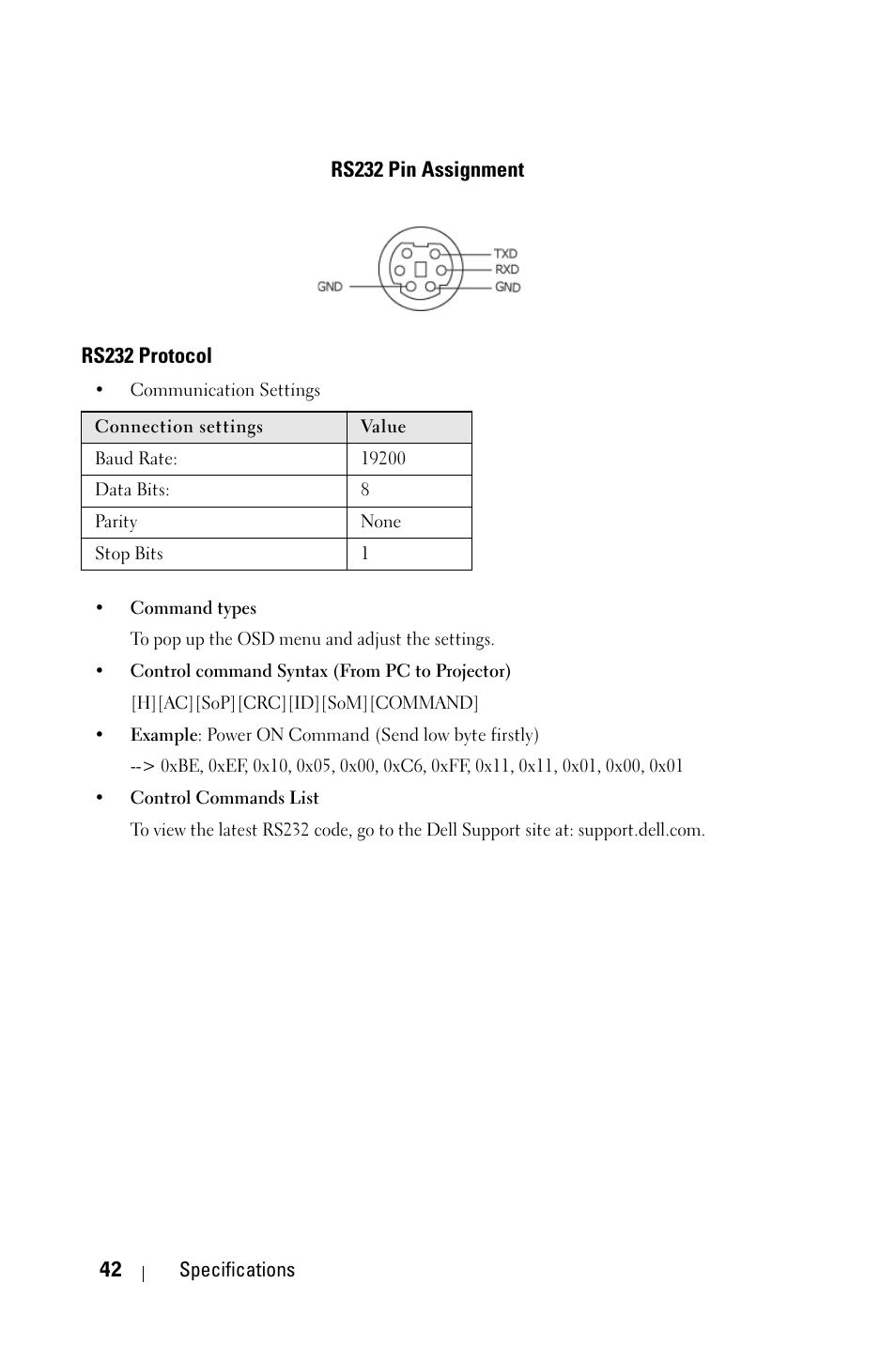 Rs232 pin assignment, Rs232 protocol | Dell 1209S User Manual | Page 42 / 49