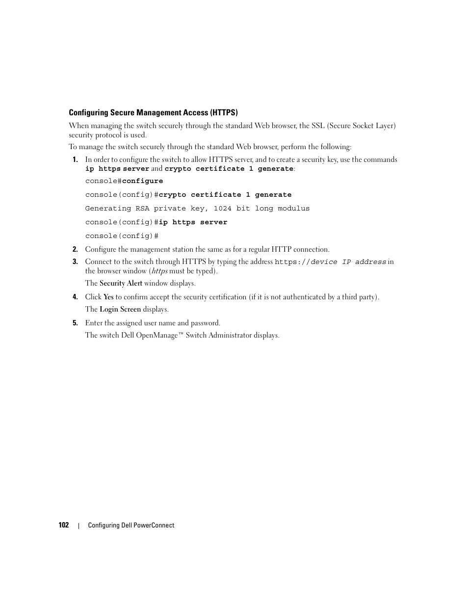 Configuring secure management access (https) | Dell PowerConnect M6220 User Manual | Page 104 / 737