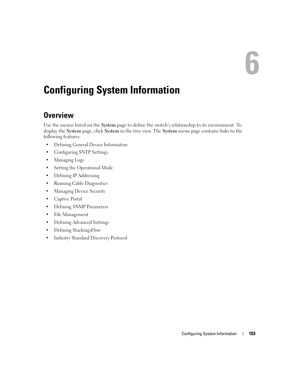 Configuring system information, Overview, 6 configuring system information | Dell PowerConnect M6220 User Manual | Page 105 / 737