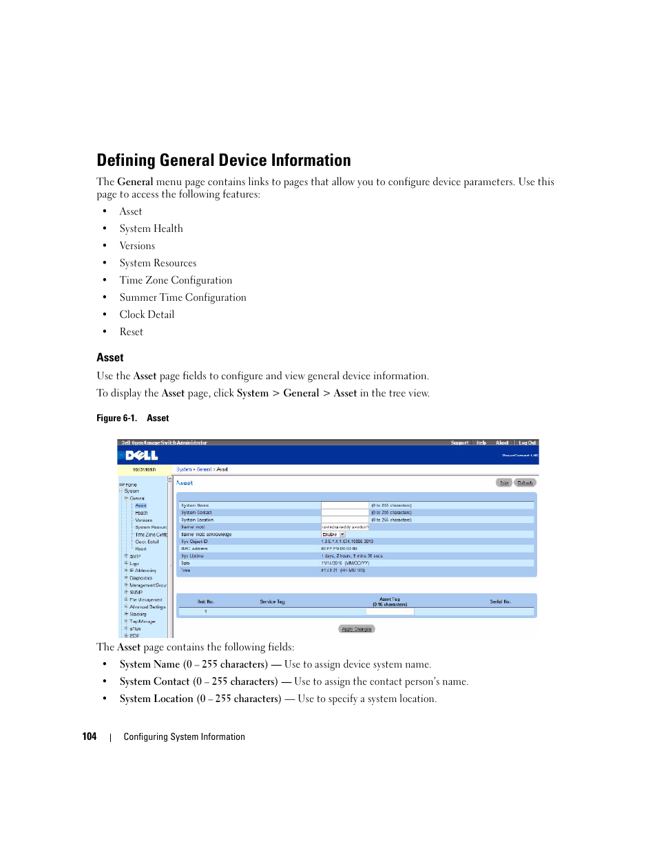 Asset, Defining general device information | Dell PowerConnect M6220 User Manual | Page 106 / 737