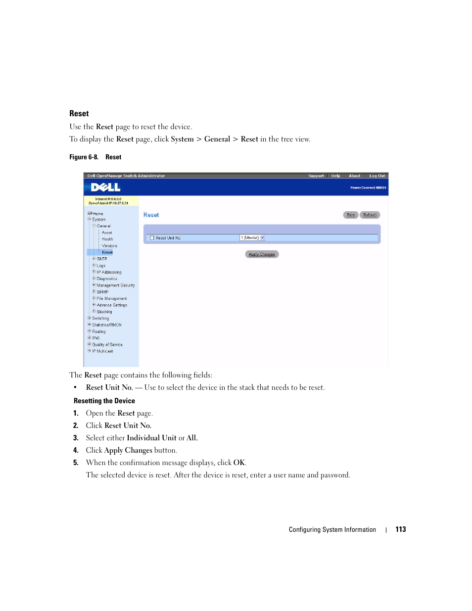 Reset | Dell PowerConnect M6220 User Manual | Page 115 / 737