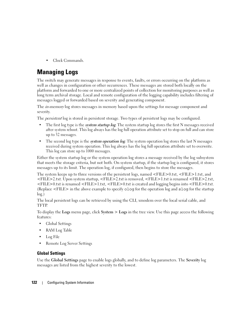 Managing logs, Global settings | Dell PowerConnect M6220 User Manual | Page 124 / 737