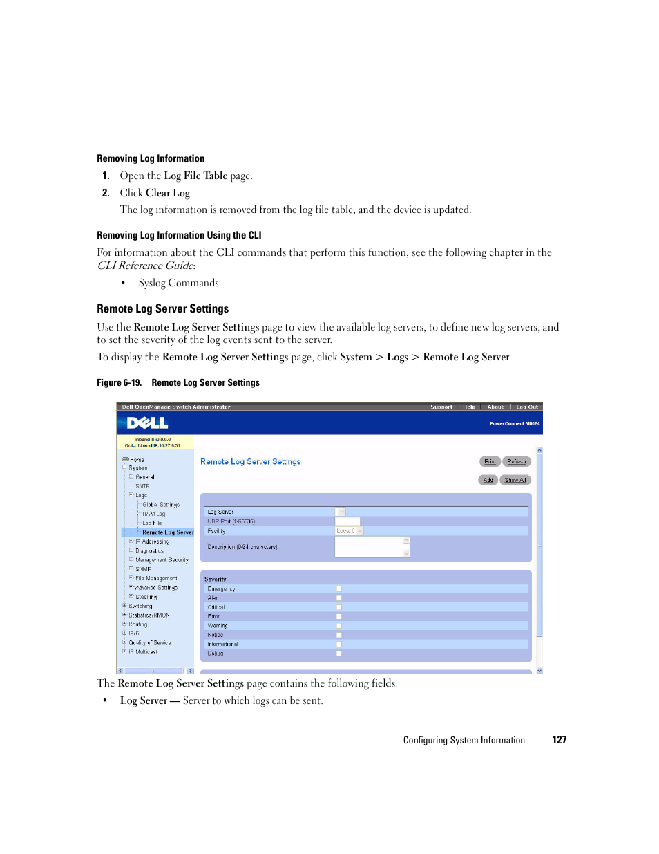 Remote log server settings | Dell PowerConnect M6220 User Manual | Page 129 / 737