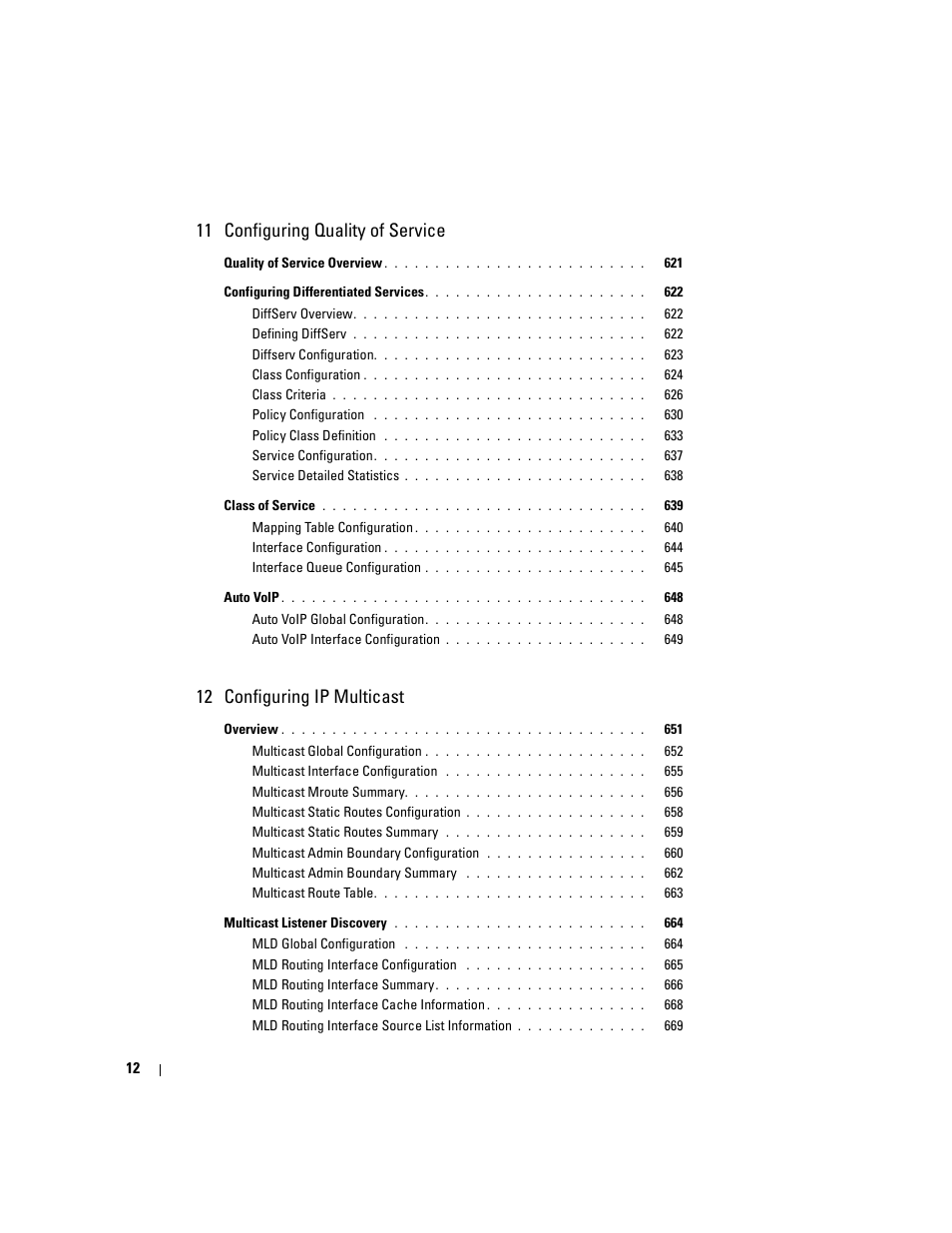 11 configuring quality of service, 12 configuring ip multicast | Dell PowerConnect M6220 User Manual | Page 14 / 737