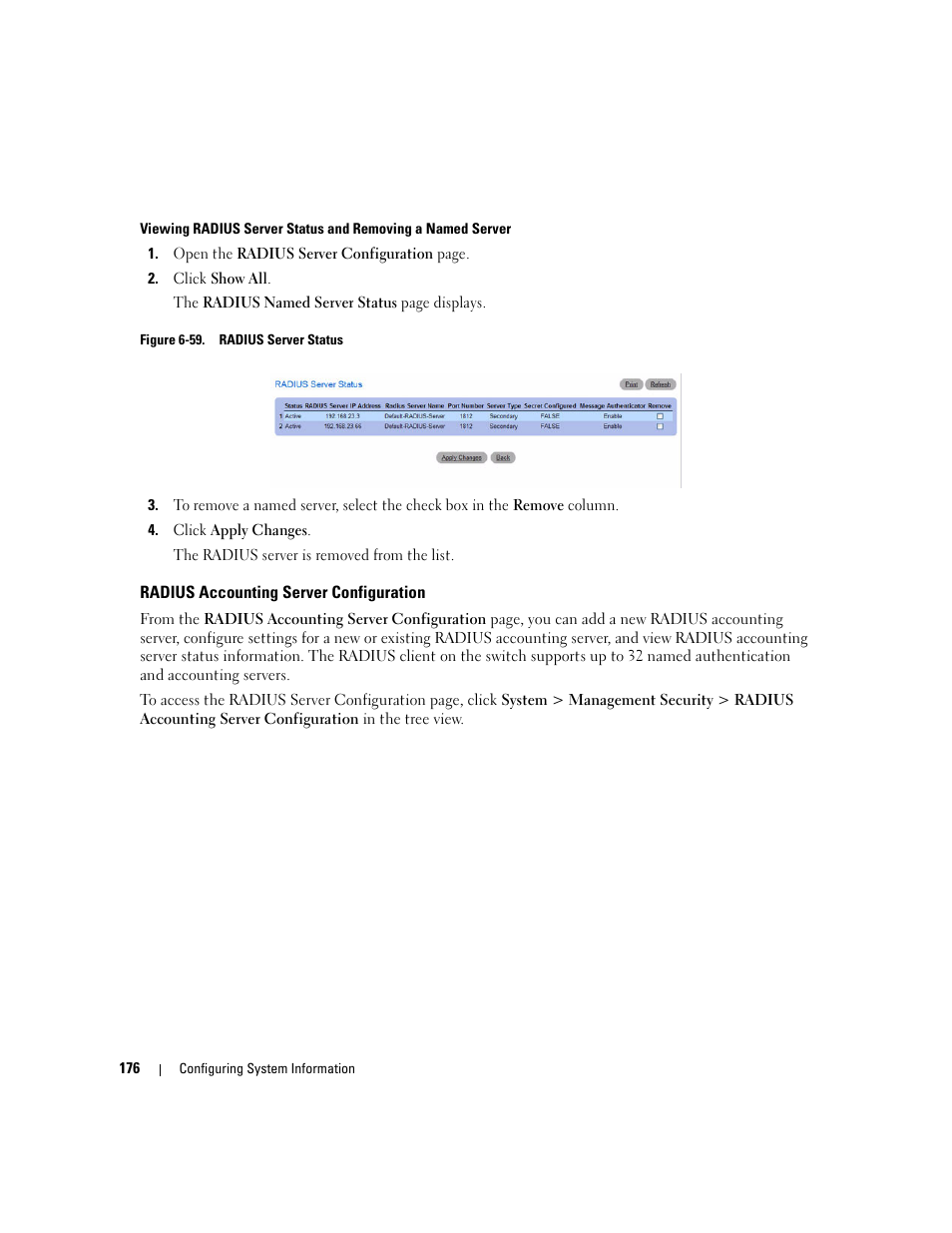 Radius accounting server configuration | Dell PowerConnect M6220 User Manual | Page 178 / 737