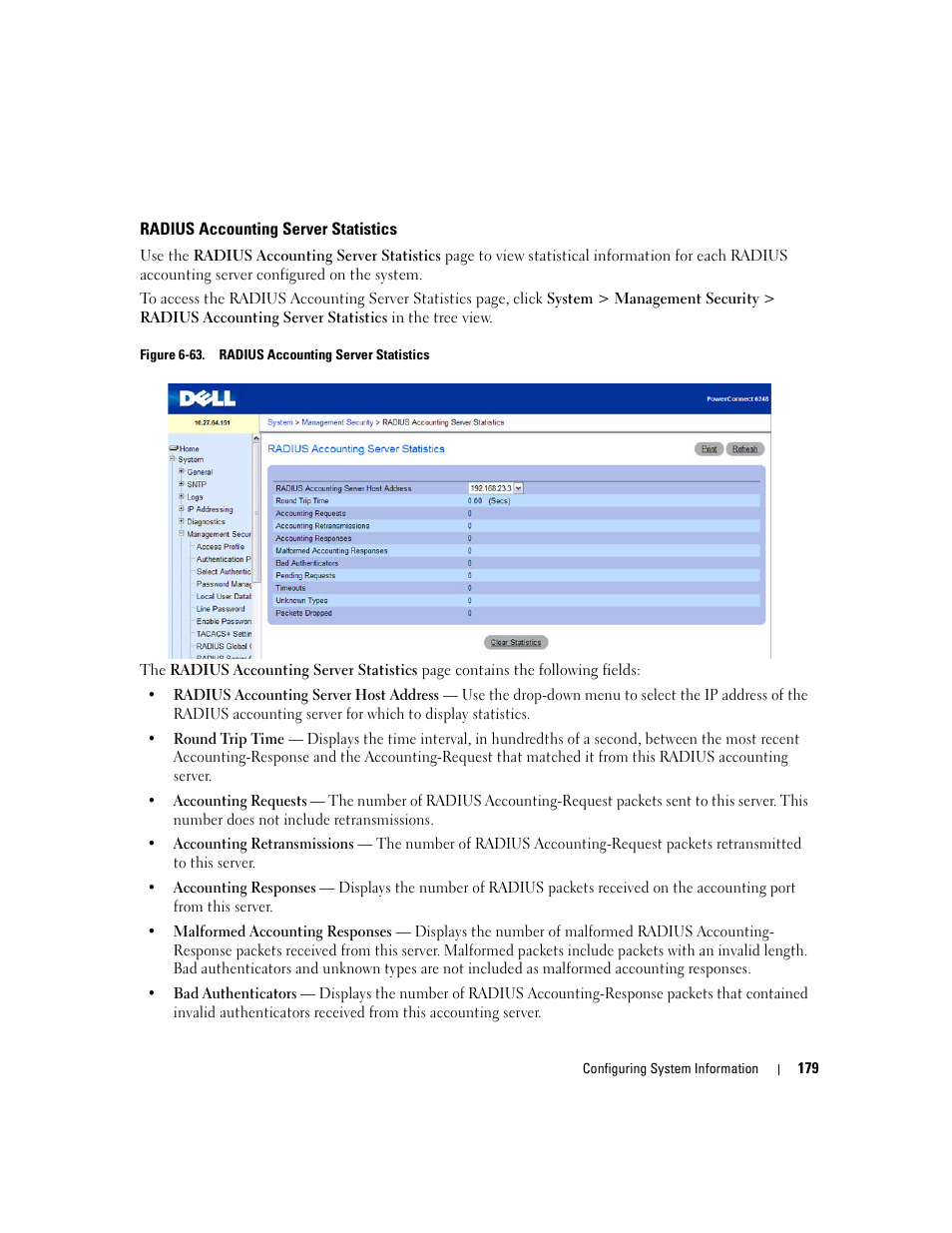 Radius accounting server statistics | Dell PowerConnect M6220 User Manual | Page 181 / 737