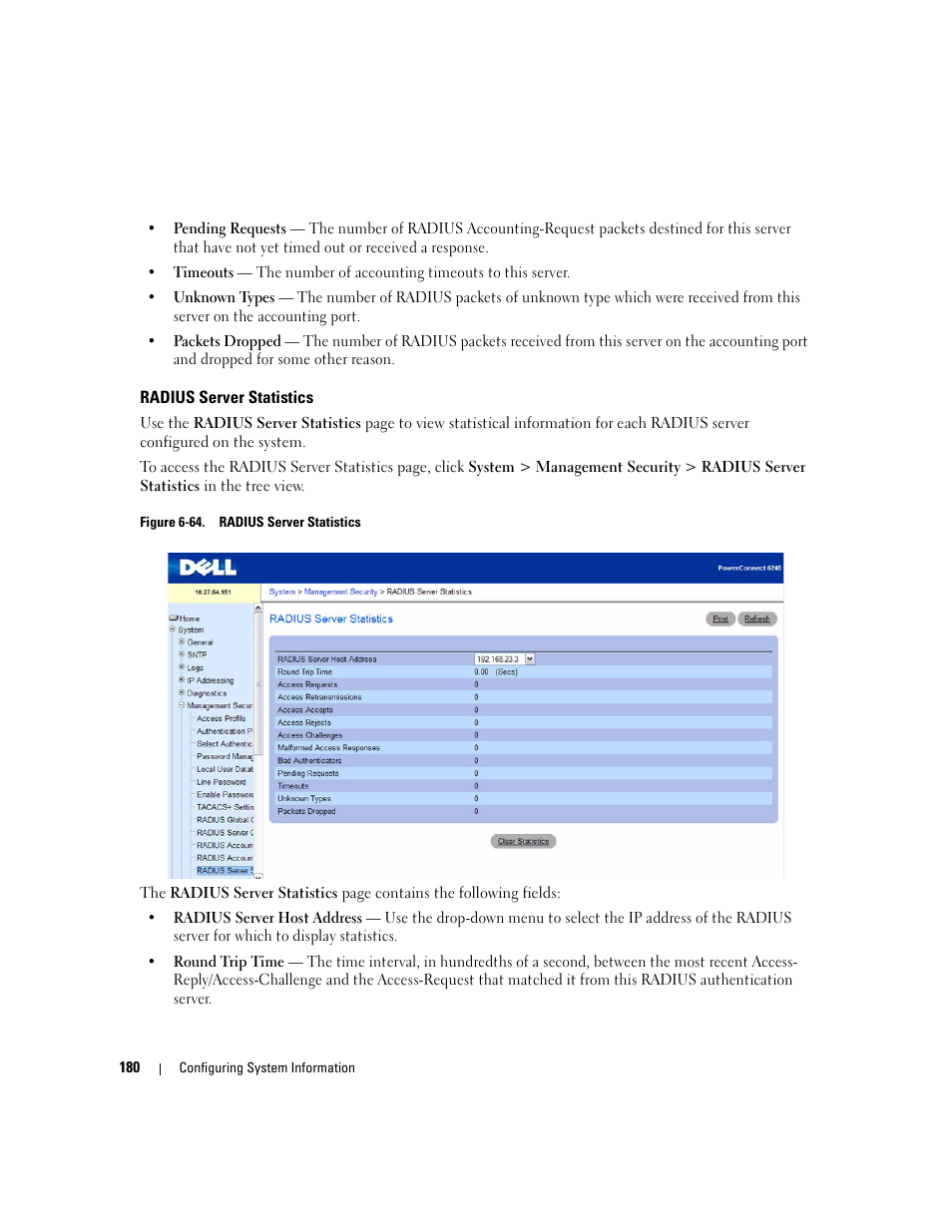 Radius server statistics | Dell PowerConnect M6220 User Manual | Page 182 / 737