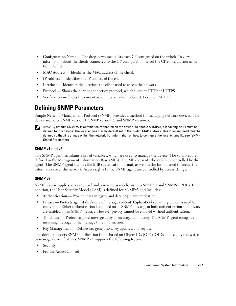 Defining snmp parameters, Snmp v1 and v2, Snmp v3 | Dell PowerConnect M6220 User Manual | Page 209 / 737