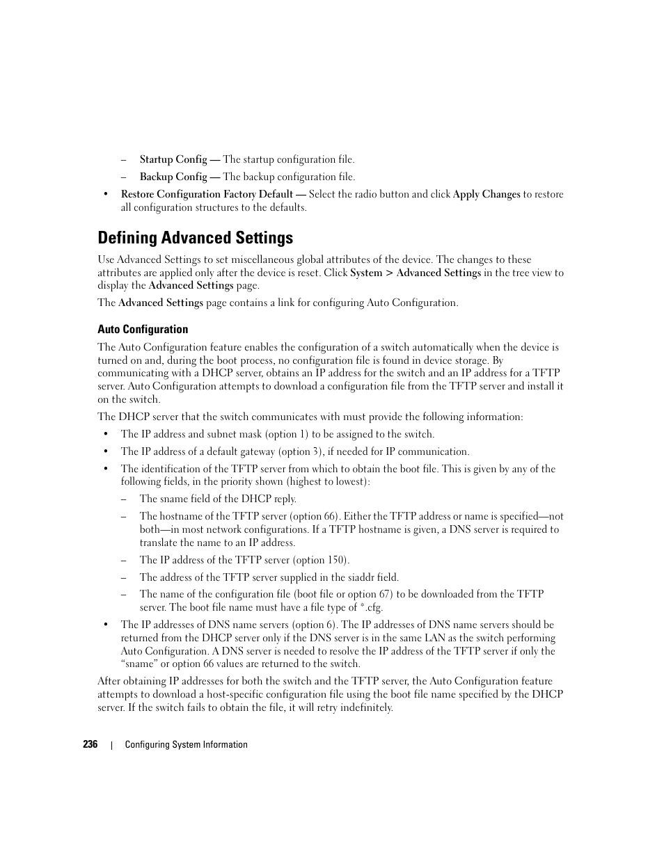 Defining advanced settings, Auto configuration | Dell PowerConnect M6220 User Manual | Page 238 / 737