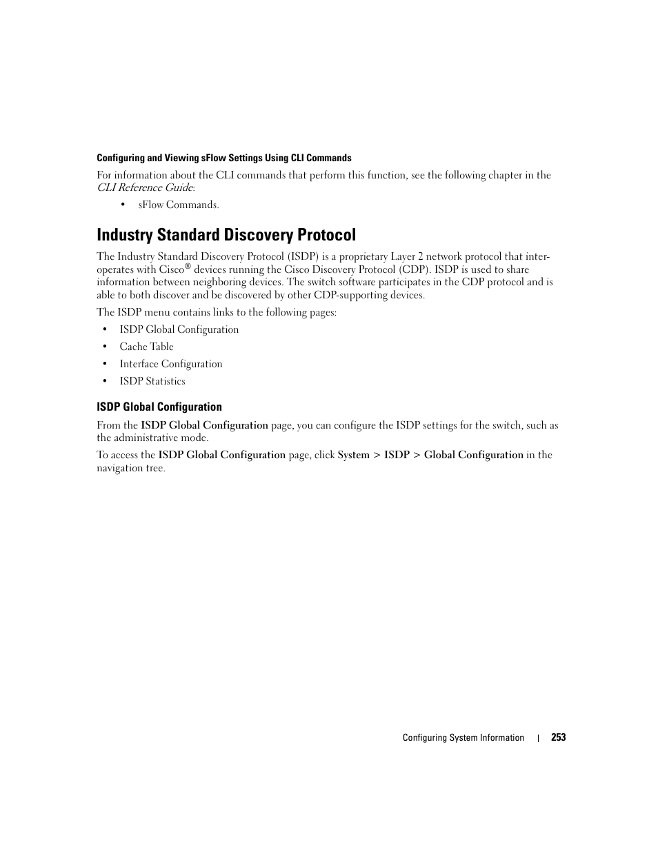 Industry standard discovery protocol, Isdp global configuration | Dell PowerConnect M6220 User Manual | Page 255 / 737