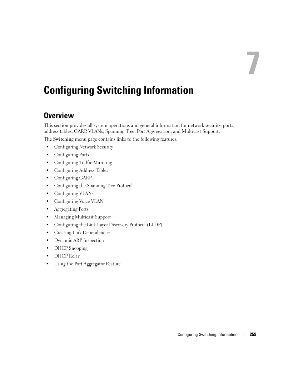 Configuring switching information, Overview, 7 configuring switching information | Dell PowerConnect M6220 User Manual | Page 261 / 737