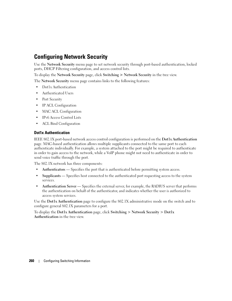 Dot1x authentication, Dot1x, Authentication | Configuring network security | Dell PowerConnect M6220 User Manual | Page 262 / 737