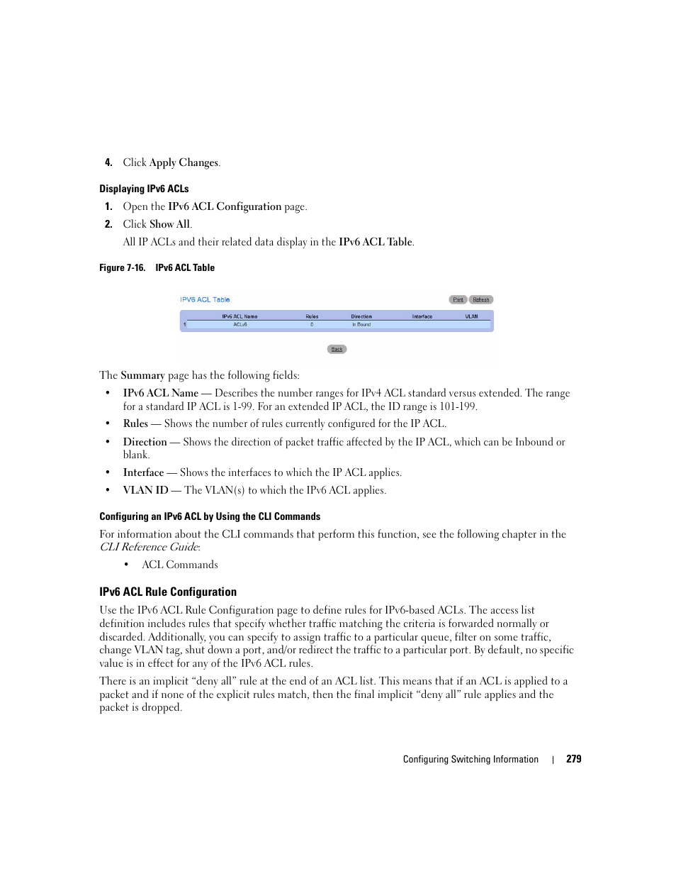 Ipv6 acl rule configuration | Dell PowerConnect M6220 User Manual | Page 281 / 737