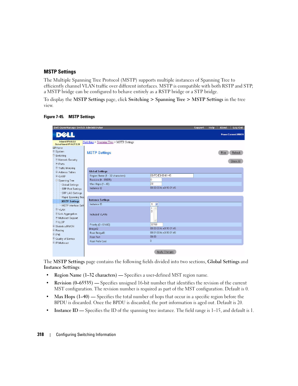 Mstp settings | Dell PowerConnect M6220 User Manual | Page 320 / 737