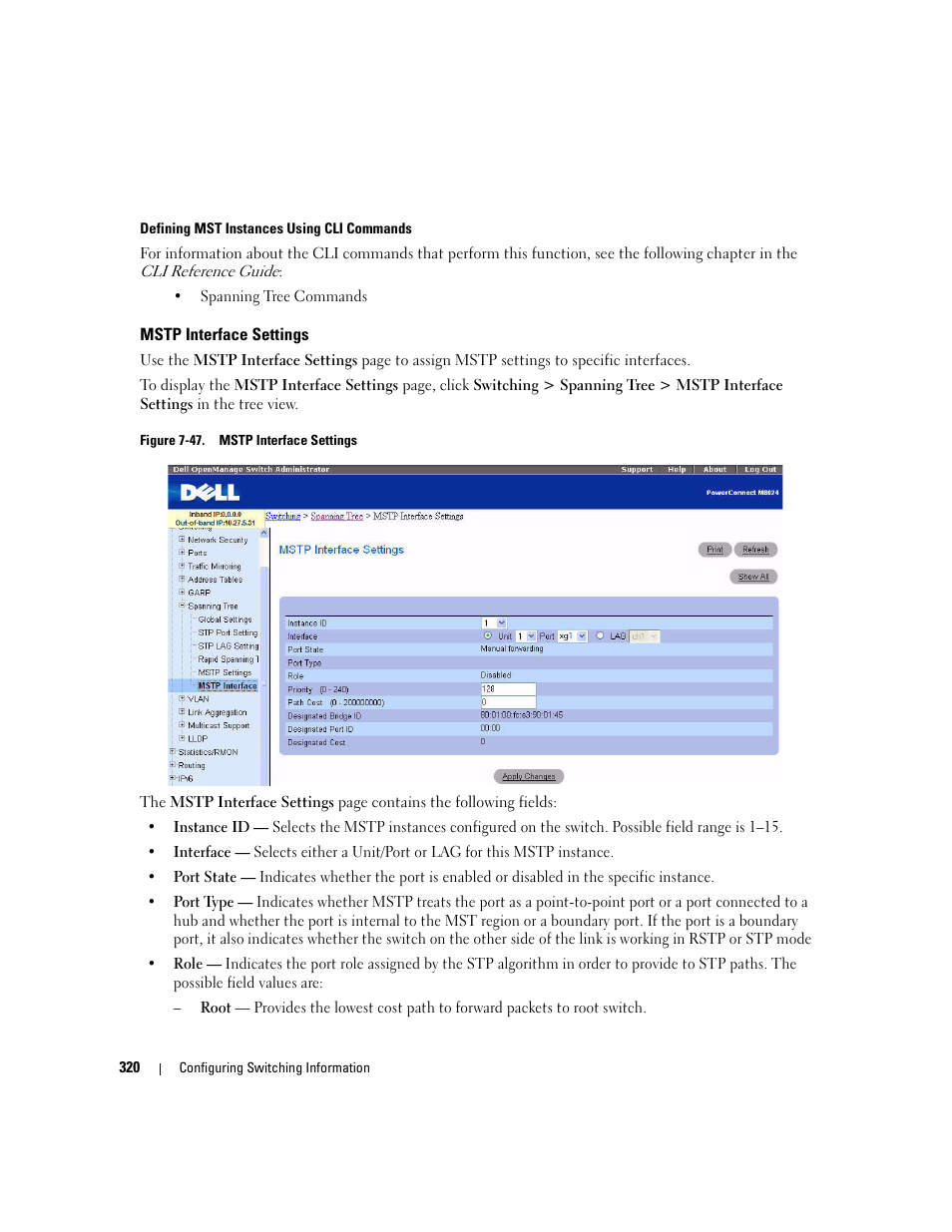 Mstp interface settings | Dell PowerConnect M6220 User Manual | Page 322 / 737