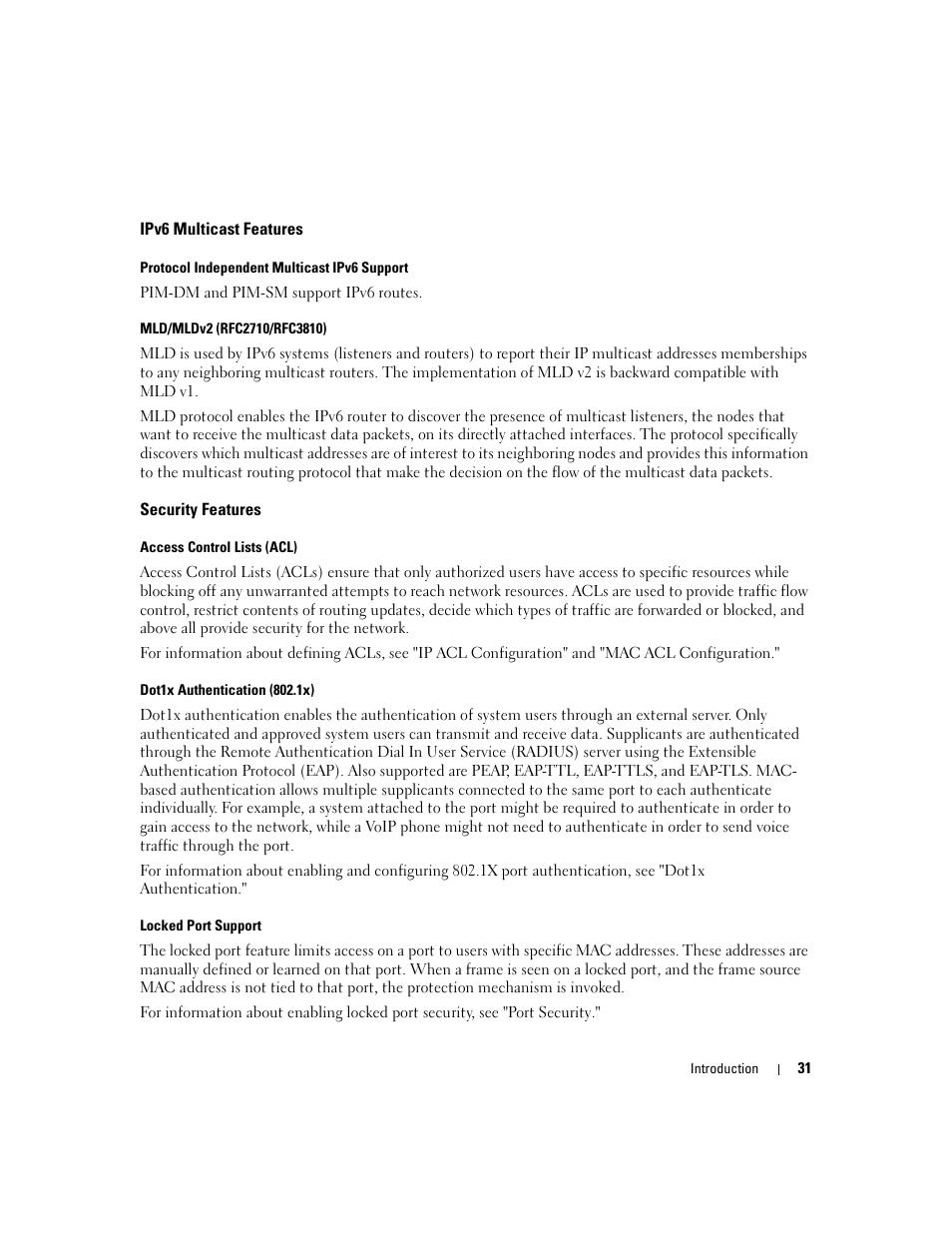 Ipv6 multicast features, Security features | Dell PowerConnect M6220 User Manual | Page 33 / 737