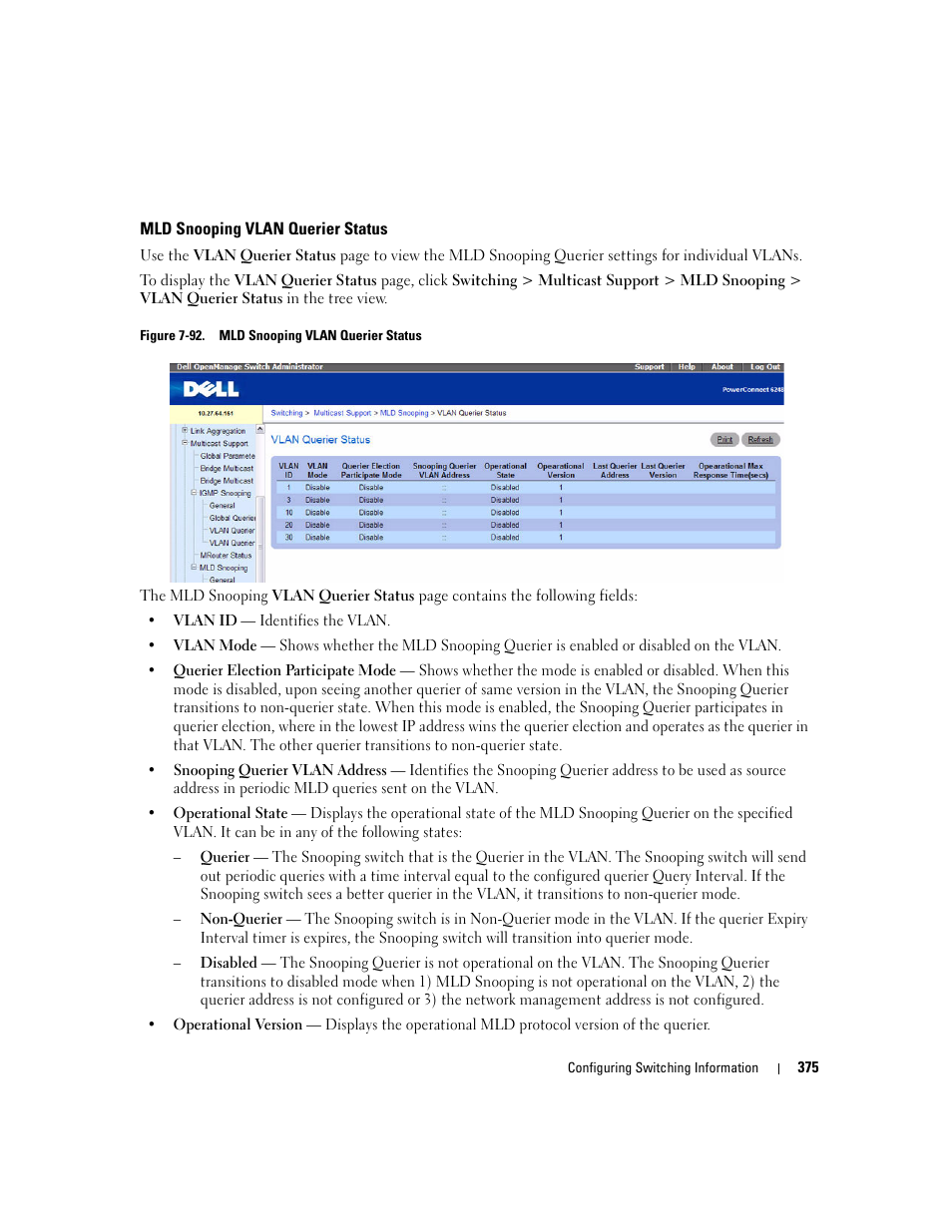 Mld snooping vlan querier status | Dell PowerConnect M6220 User Manual | Page 377 / 737