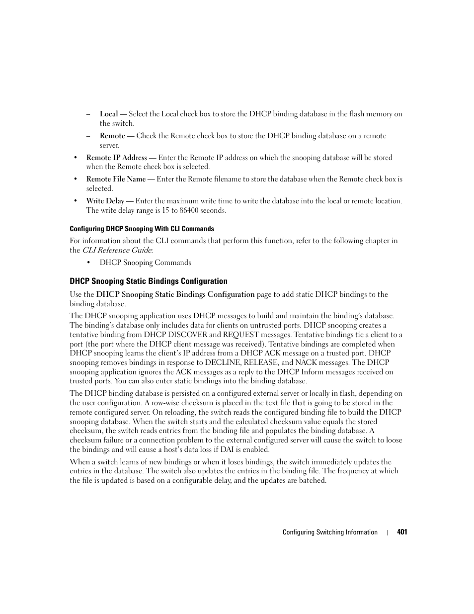 Dhcp snooping static bindings configuration | Dell PowerConnect M6220 User Manual | Page 403 / 737