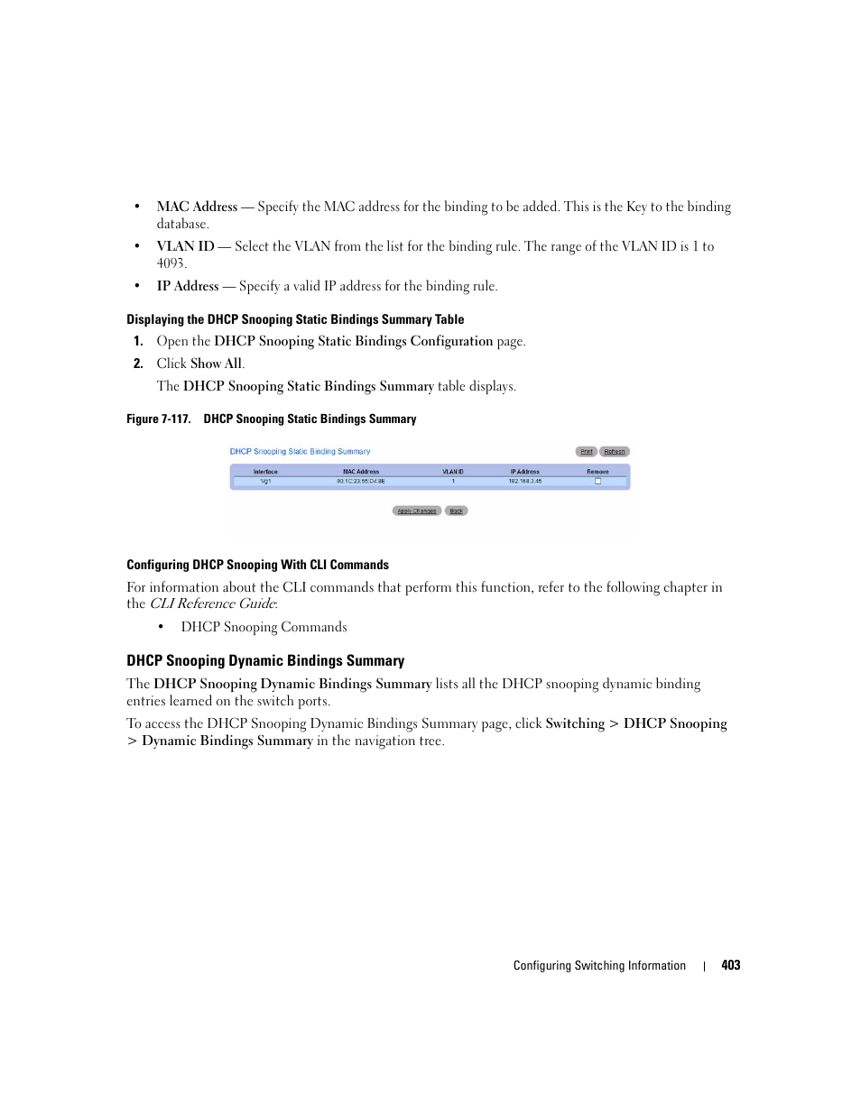 Dhcp snooping dynamic bindings summary | Dell PowerConnect M6220 User Manual | Page 405 / 737