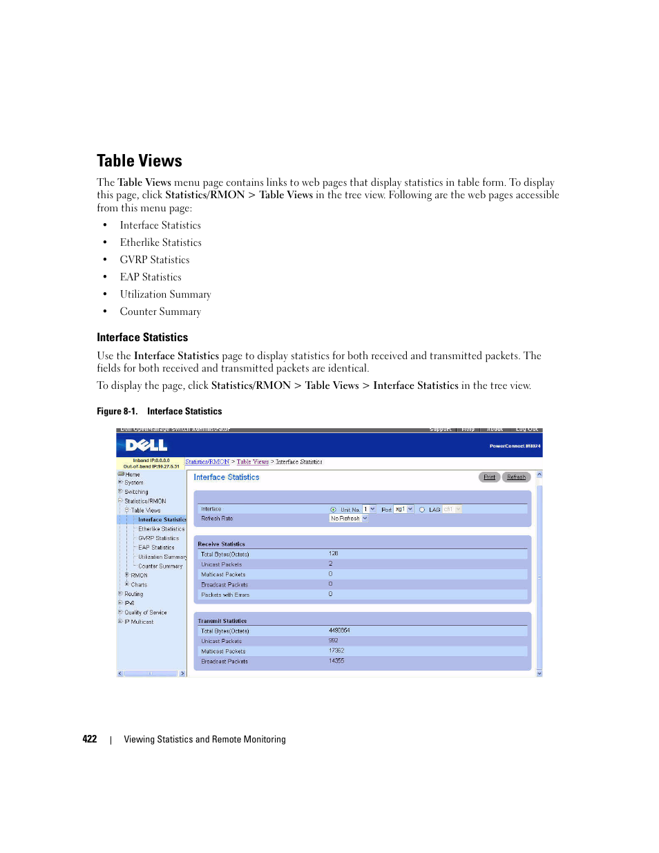 Table views, Interface statistics | Dell PowerConnect M6220 User Manual | Page 424 / 737