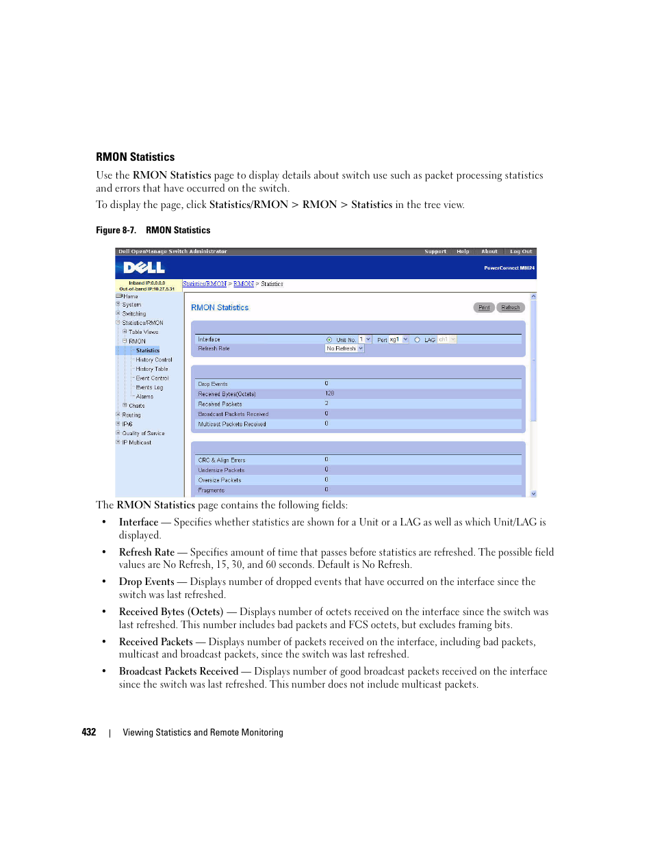 Rmon statistics | Dell PowerConnect M6220 User Manual | Page 434 / 737