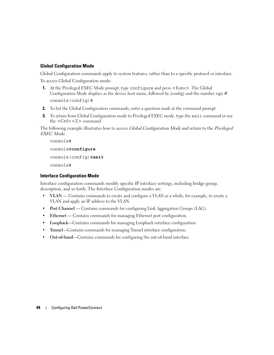 Global configuration mode, Interface configuration mode | Dell PowerConnect M6220 User Manual | Page 46 / 737