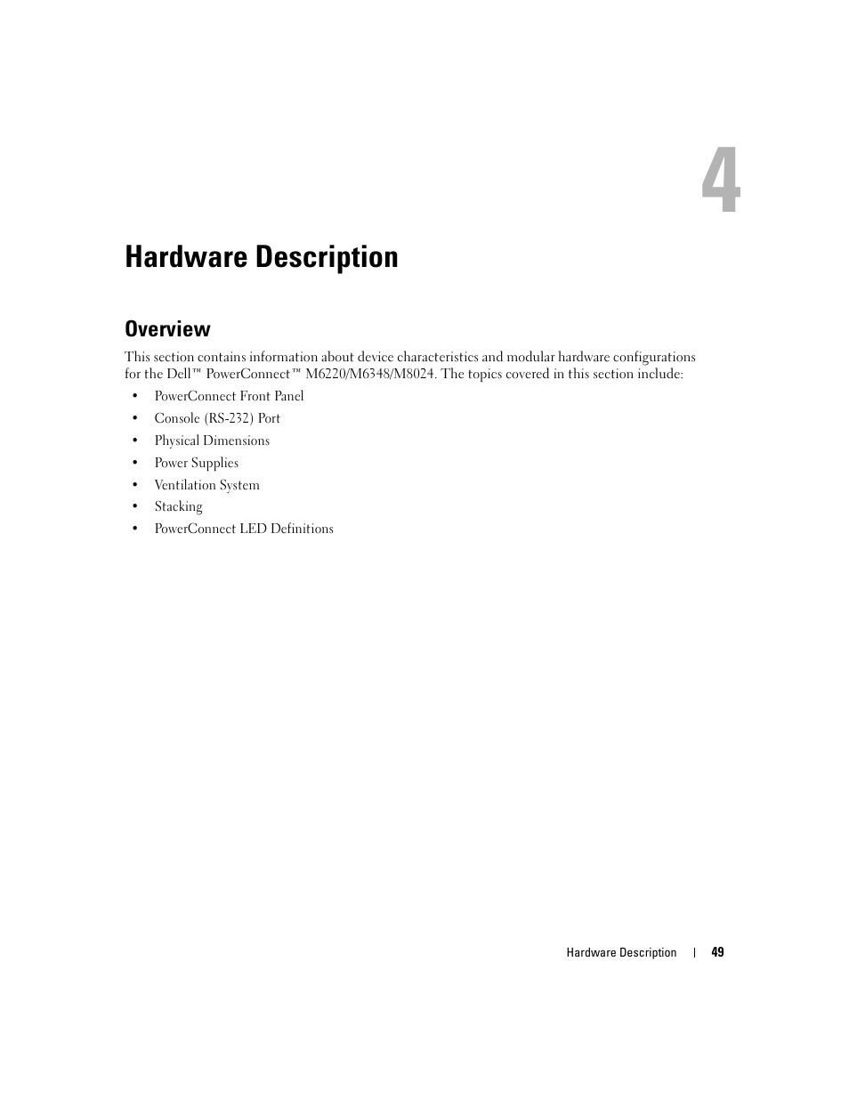 Hardware description, Overview, 4 hardware description | Dell PowerConnect M6220 User Manual | Page 51 / 737