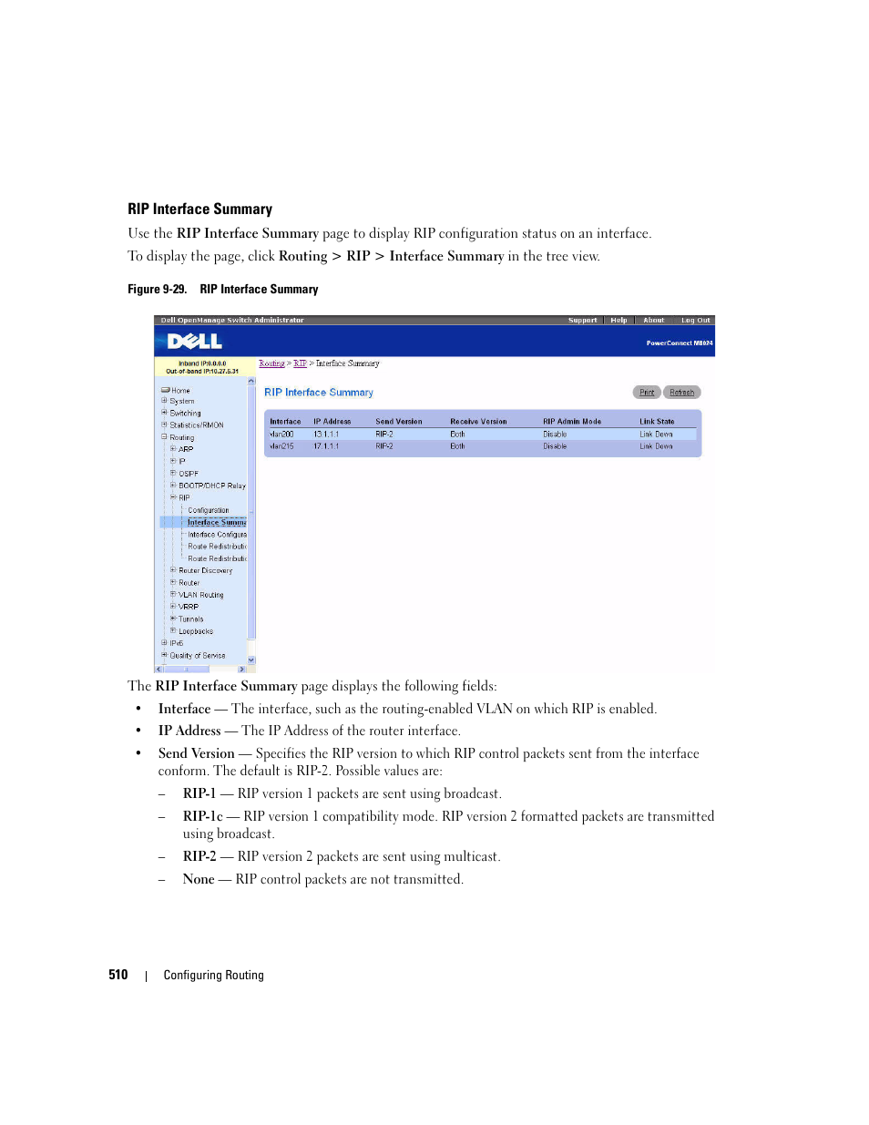 Rip interface summary | Dell PowerConnect M6220 User Manual | Page 512 / 737