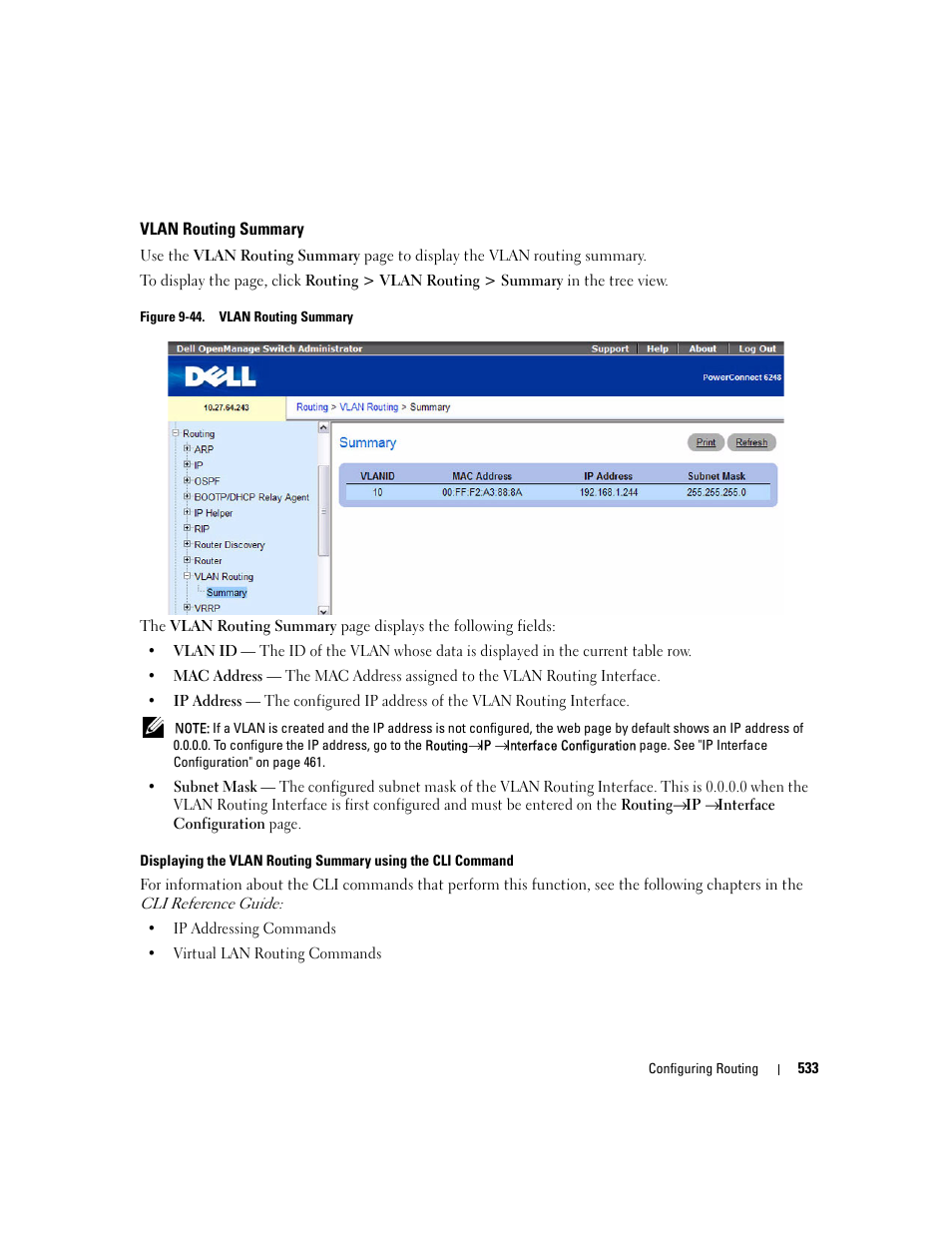 Vlan routing summary | Dell PowerConnect M6220 User Manual | Page 535 / 737