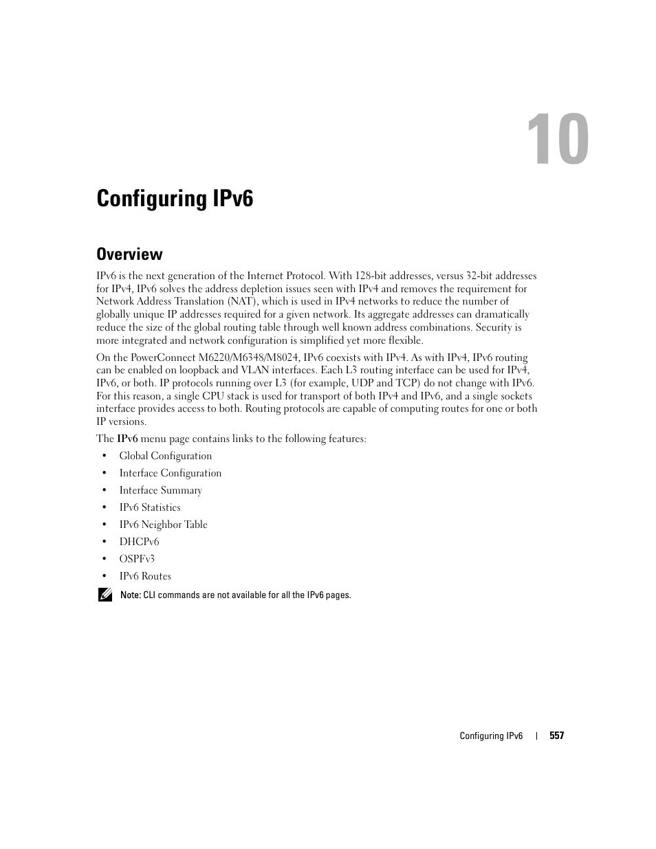 Configuring ipv6, Overview, 10 configuring ipv6 | Dell PowerConnect M6220 User Manual | Page 559 / 737