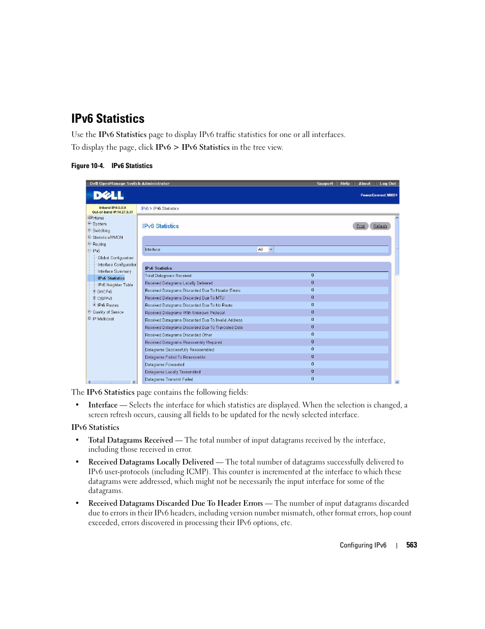 Ipv6 statistics | Dell PowerConnect M6220 User Manual | Page 565 / 737