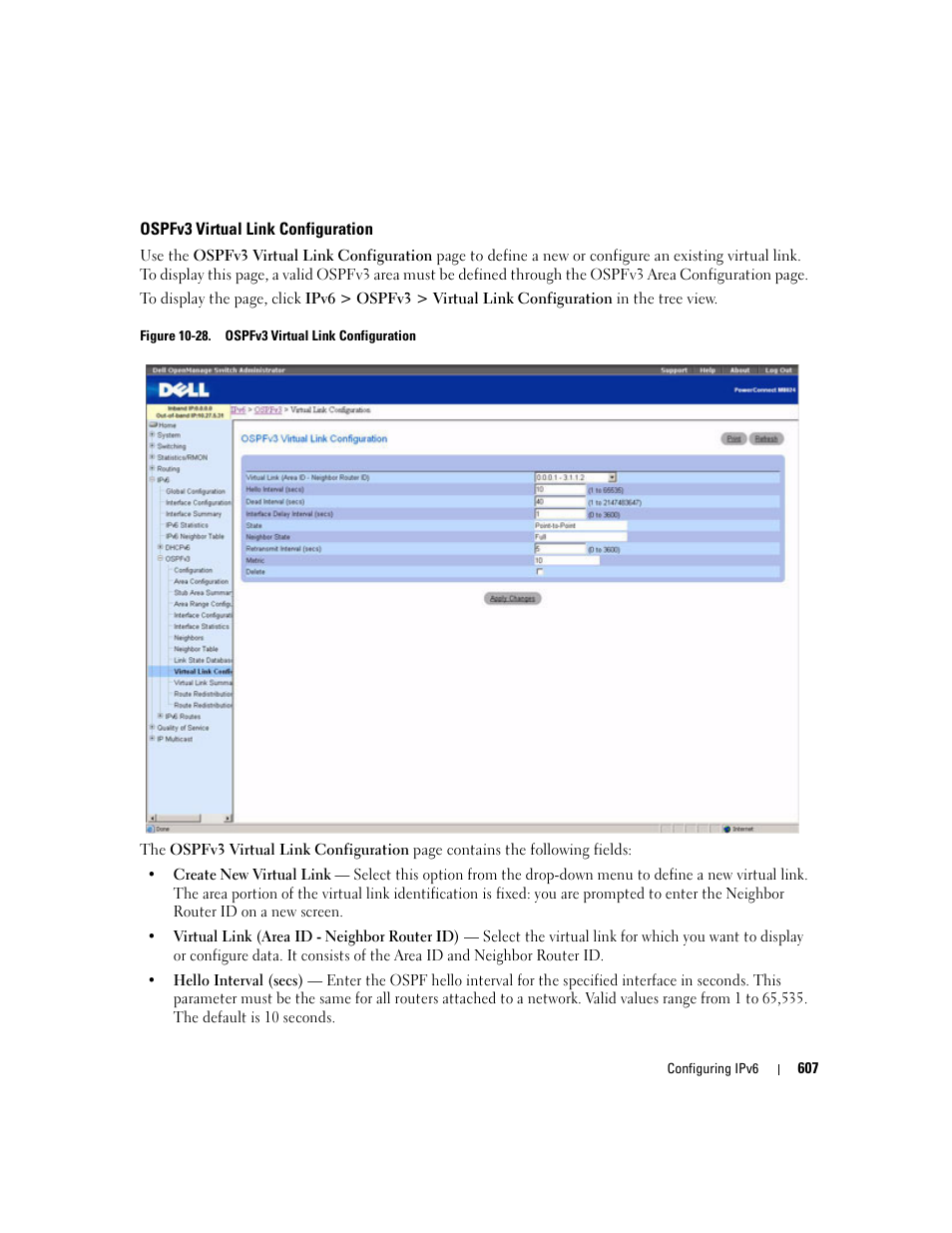 Ospfv3 virtual link configuration | Dell PowerConnect M6220 User Manual | Page 609 / 737