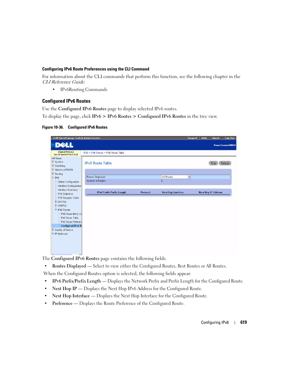 Configured ipv6 routes | Dell PowerConnect M6220 User Manual | Page 621 / 737