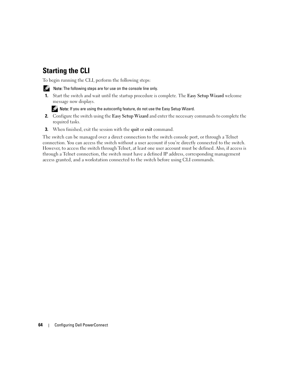 Starting the cli | Dell PowerConnect M6220 User Manual | Page 66 / 737