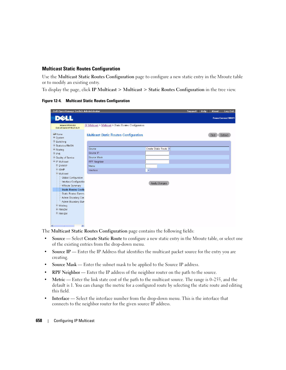 Multicast static routes configuration | Dell PowerConnect M6220 User Manual | Page 660 / 737