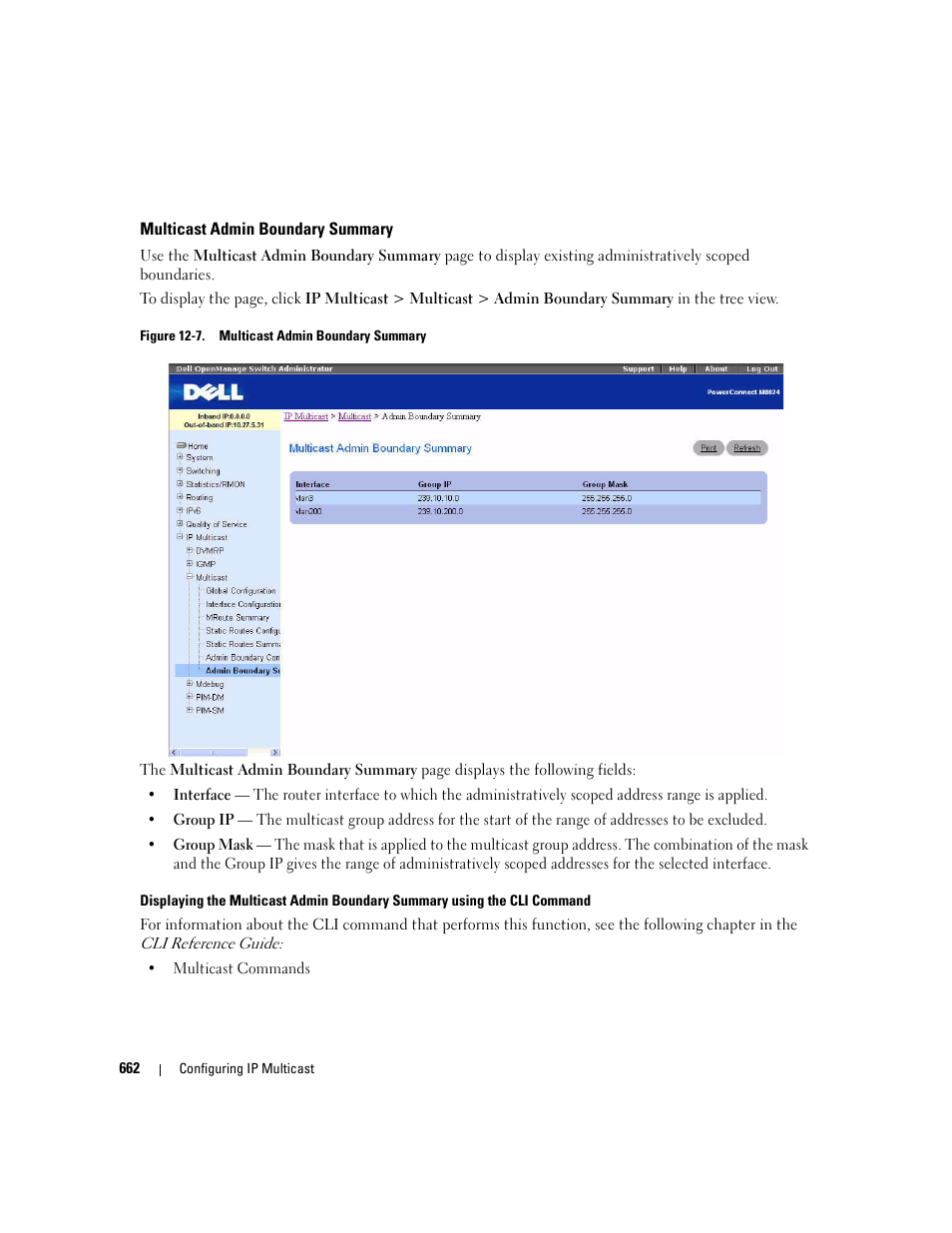 Multicast admin boundary summary | Dell PowerConnect M6220 User Manual | Page 664 / 737