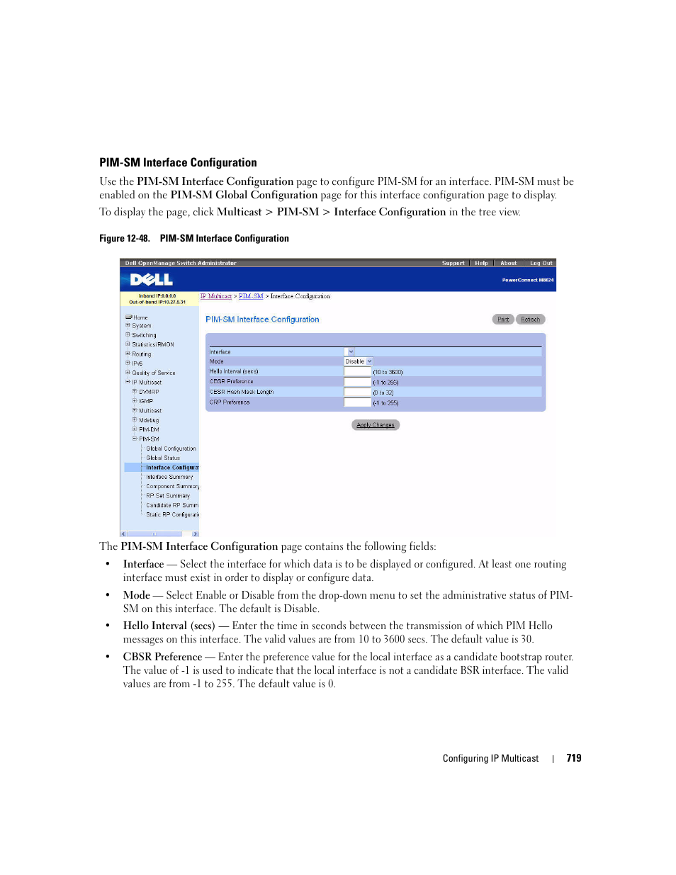 Pim-sm interface configuration | Dell PowerConnect M6220 User Manual | Page 721 / 737